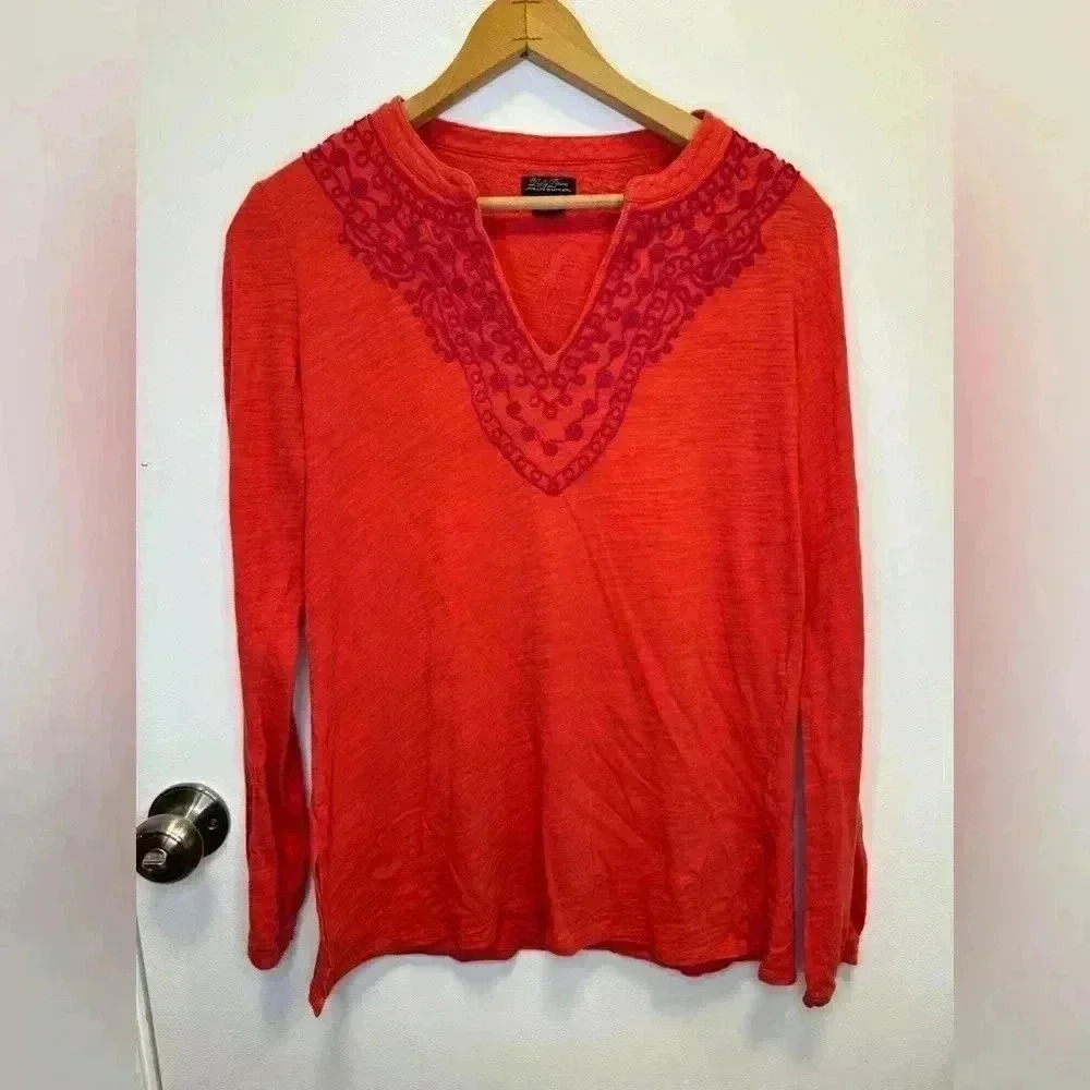 Lucky Brand Live and Love red long sleeve pullover top embroidered v neck size S